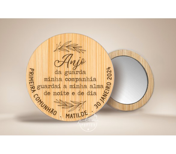 Espelho em madeira bambu - tema floral - Lembrança de batismo, comunhão, aniversário