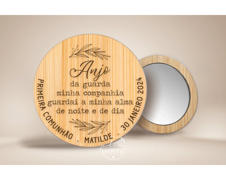 Espelho em madeira bambu - tema floral - Lembrança de batismo, comunhão, aniversário