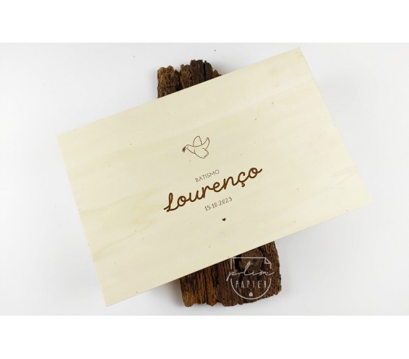 23 Caixa para conjunto de Batismo tampo - cor natural ou branco - desenho 12, pomba
