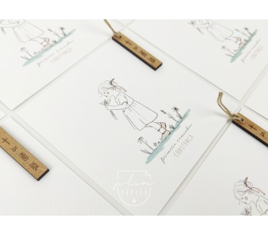 Convite com ilustração menina - etiqueta de madeira + envelope com etiqueta- batismo, comunhão