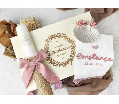 CJ1 CONJUNTO COMPLETO - caixa, vela floral, toalha bordada, concha floral