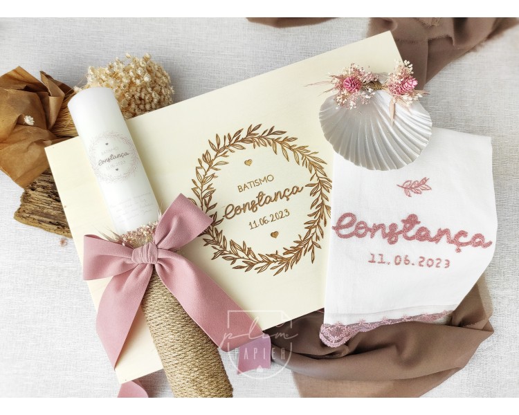 CJ1 CONJUNTO COMPLETO - caixa, vela floral, toalha bordada, concha floral