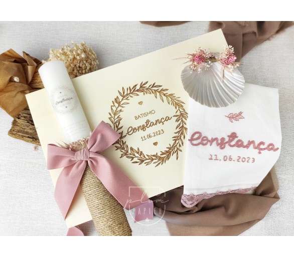 CJ1 CONJUNTO COMPLETO - caixa, vela floral, toalha bordada, concha floral