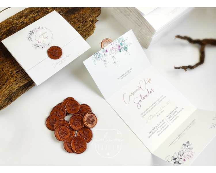 Convite floral tipo envelope a fechar com lacre - convite de casamento, bodas, batismo, comunhão, aniversário