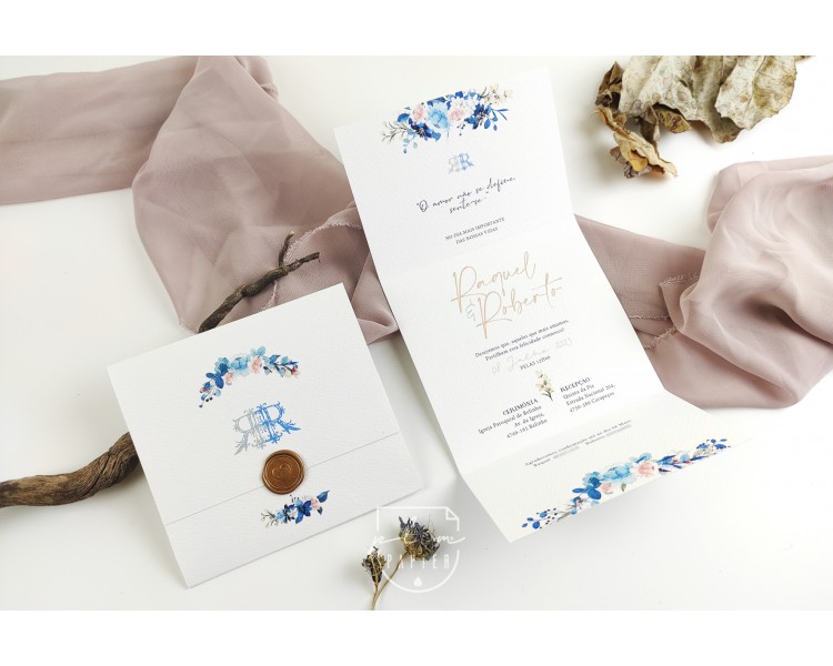 Convite floral tipo envelope a fechar com lacre - convite de casamento, bodas, batismo, comunhão, aniversário