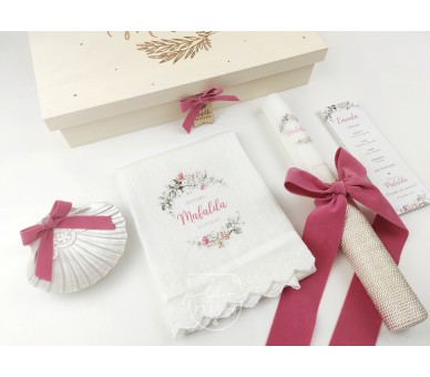 CJ29 CONJUNTO DE BATISMO COMPLETO - caixa, vela, toalha estampada, concha 