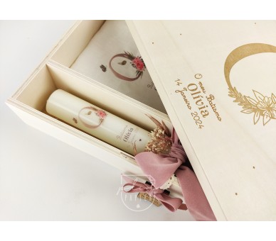 CJ28 CONJUNTO COMPLETO - caixa, vela floral, toalha estampada, concha floral