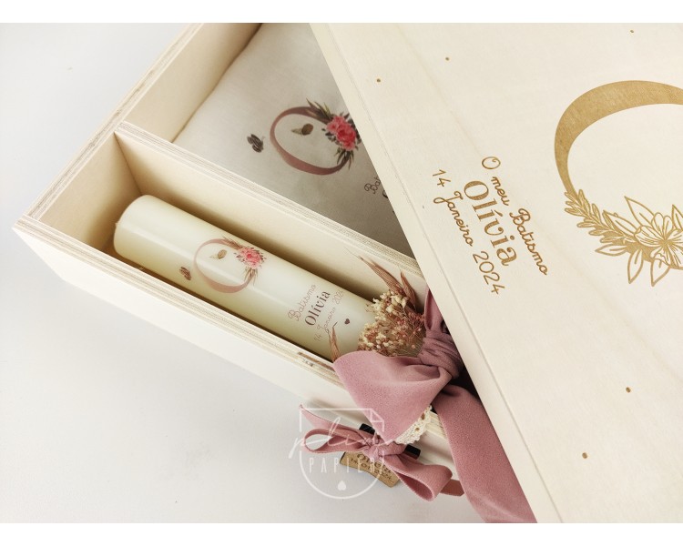 CJ28 CONJUNTO COMPLETO - caixa, vela floral, toalha estampada, concha floral
