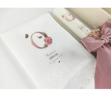 CJ28 CONJUNTO COMPLETO - caixa, vela floral, toalha estampada, concha floral
