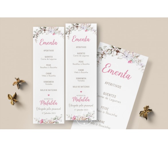 Ementa com ilustração FLORAL|| BATISMO, COMUNHÃO, ANIVERSÁRIO