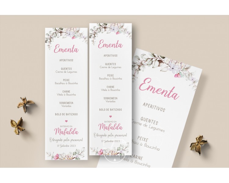Ementa com ilustração FLORAL|| BATISMO, COMUNHÃO, ANIVERSÁRIO