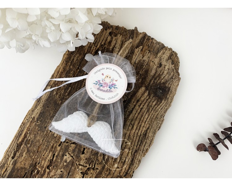 lembranças de batismo em gesso perfumado + saco de organza com etiqueta - asas - batismo, comunhão, aniversário 