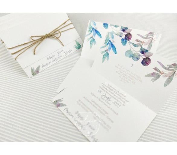Convite floral com cordel - batismo, comunhão, aniversário, profissão de fé, crisma
