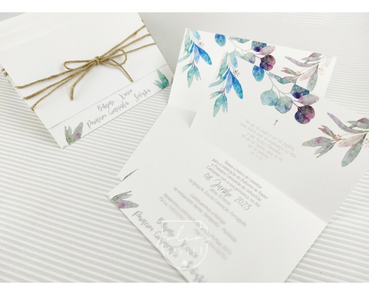 Convite floral com cordel - batismo, comunhão, aniversário, profissão de fé, crisma