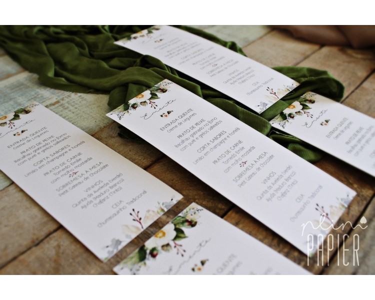 Ementa floral - branco verde - casamento, bodas