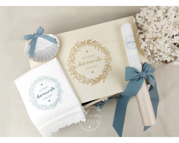 CJ35 CONJUNTO COMPLETO - caixa, vela, toalha estampada, concha