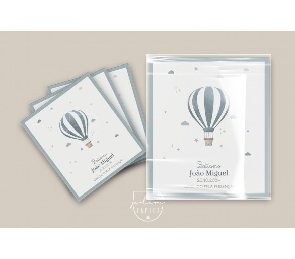 Sugestão de embalagem para lembranças tema balão de ar quente - iman, porta-chaves,... Embalagem transparente com papel personal