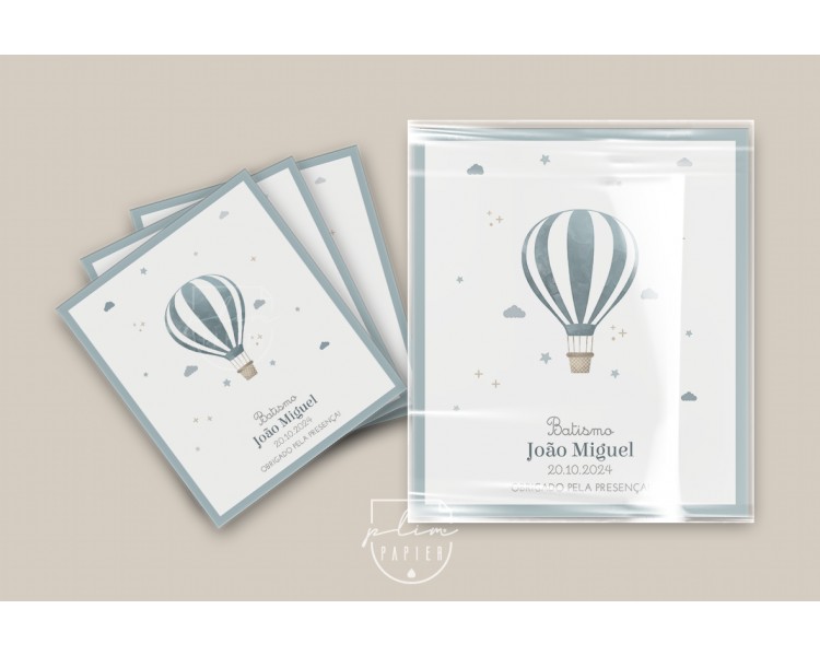 Sugestão de embalagem para lembranças tema balão de ar quente - iman, porta-chaves,... Embalagem transparente com papel personal