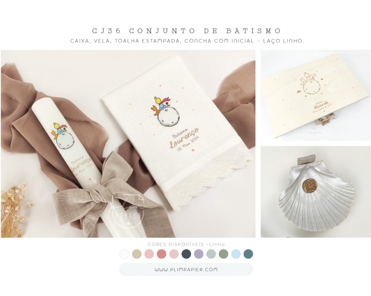 CJ36 CONJUNTO COMPLETO O pequeno príncipe - Caixa, concha e vela com laço em linho + toalha estampada