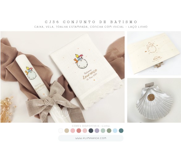 CJ36 CONJUNTO DE BATISMO COMPLETO O Principezinho - Caixa, concha e vela com laço em linho + toalha estampada
