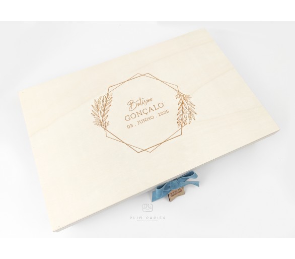 Caixa Batismo com moldura floral - cor natural ou branco - personalizada com nome, data e desenho