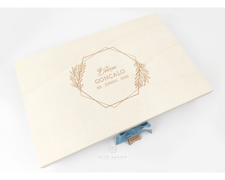 Caixa Batismo com moldura floral - cor natural ou branco - personalizada com nome, data e desenho