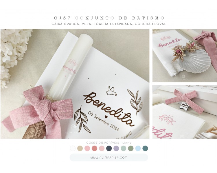 CJ37 CONJUNTO DE BATISMO COMPLETO, em linho - caixa de batismo branca, vela com laço em linho, toalha estampada, concha floral
