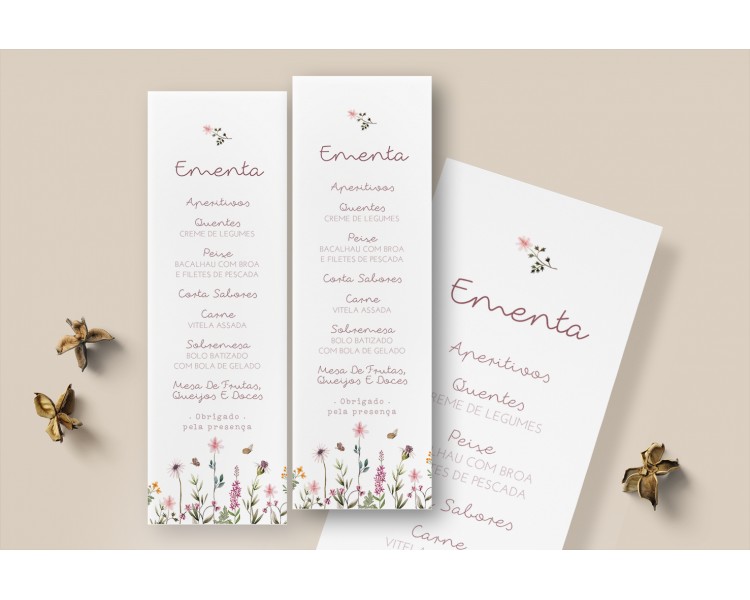 Ementa tema floral rosa, roxo - BATISMO, COMUNHÃO, ANIVERSÁRIO