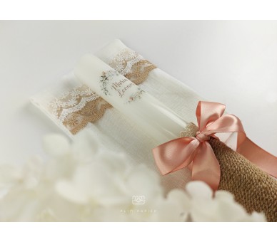 Vela batismo fita de veludo, decoração com flores preservadas e estampa