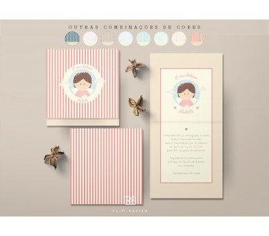 Convite Anjo + riscas - menina - batismo, comunhão