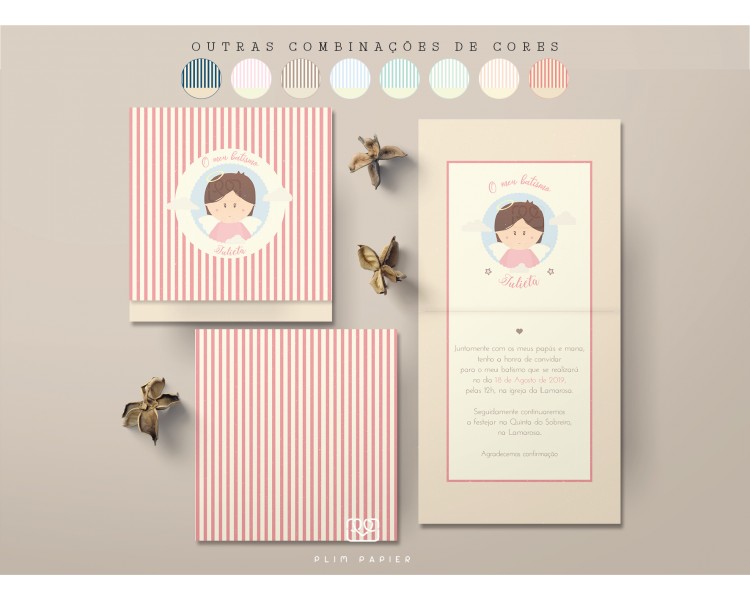 Convite Anjo + riscas - menina - batismo, comunhão