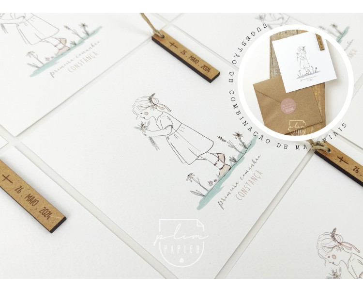 Convite com ilustração menina - etiqueta de madeira + envelope com etiqueta- batismo, comunhão