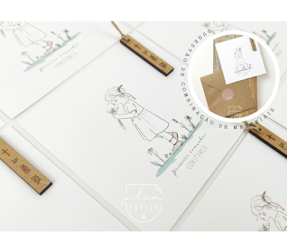Convite com ilustração menina + etiqueta de madeira