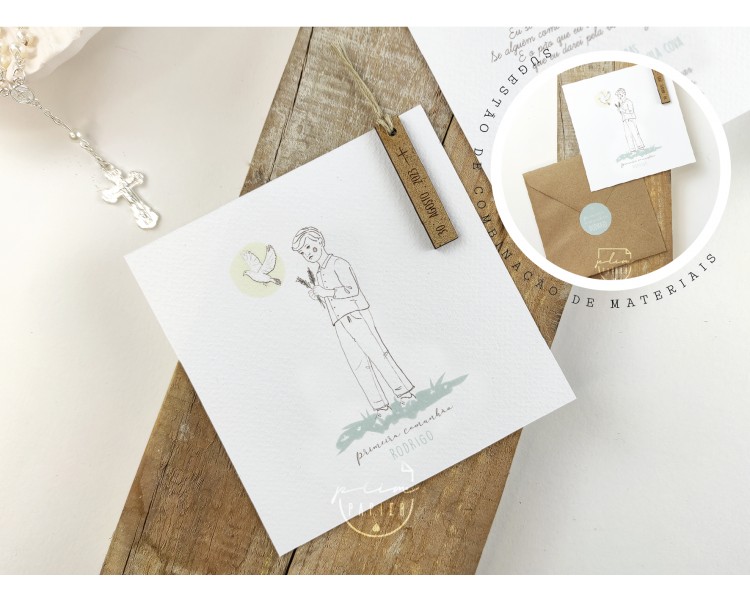 Convite com ilustração menina - etiqueta de madeira + envelope com etiqueta- batismo, comunhão