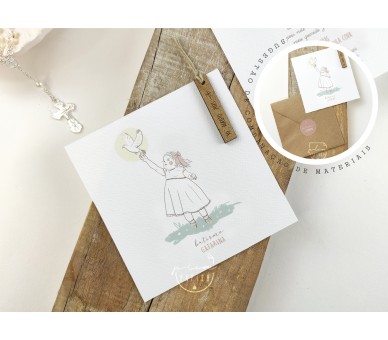 Convite com ilustração menina - etiqueta de madeira + envelope com etiqueta- batismo, comunhão