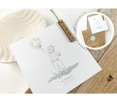 Convite com ilustração menina - etiqueta de madeira + envelope com etiqueta- batismo, comunhão