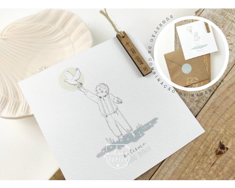 Convite com ilustração menina - etiqueta de madeira + envelope com etiqueta- batismo, comunhão