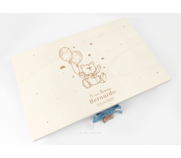 Caixa Batismo com urso e balão - cor natural ou branco - personalizada com nome, data e desenho