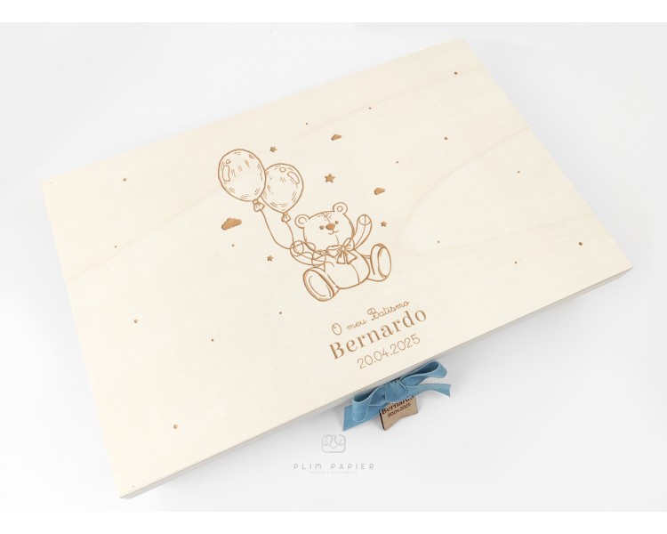 Caixa Batismo com urso e balão - cor natural ou branco - personalizada com nome, data e desenho
