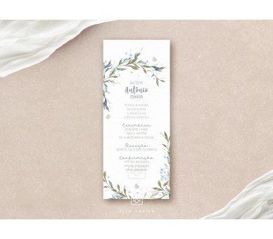 Convite marcador Sopro - Temática padrão floral + Inicial para batismo, comunhão