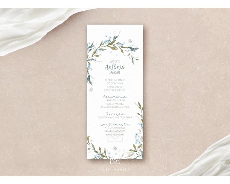 Convite marcador Sopro - Temática padrão floral + Inicial para batismo, comunhão