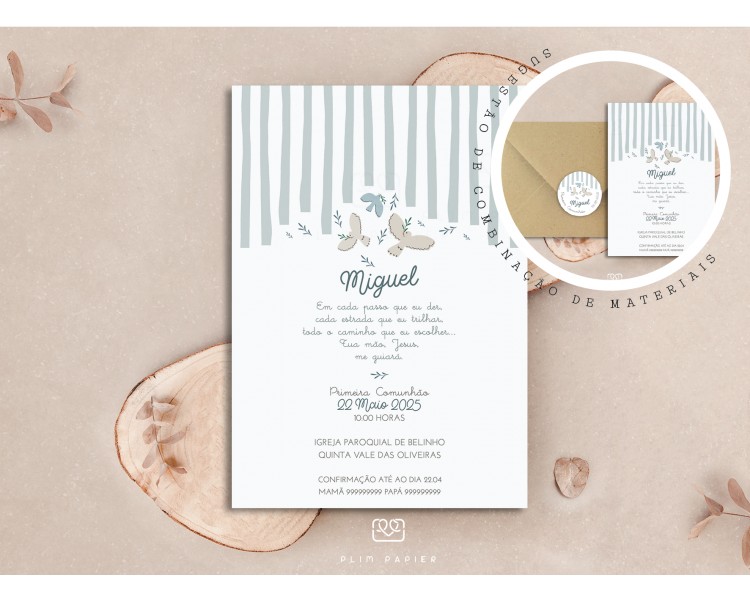 Convite Miguel - temática pombas + padrão riscas - C6