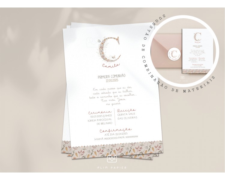Convite Primavera - Temática padrão floral + Inicial - C6