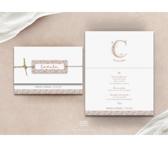 Convite com etiqueta - Primavera - Temática padrão floral + Inicial