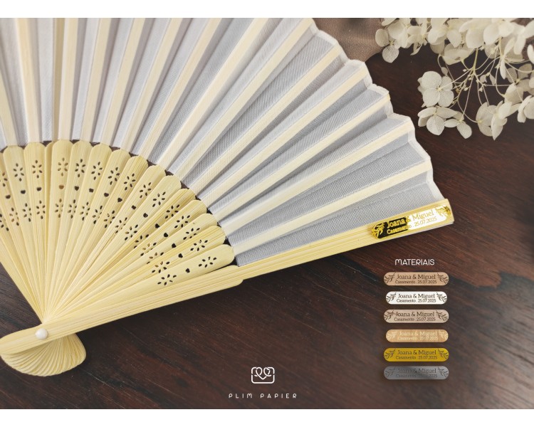 Leque de Bambu e tecido com etiqueta personalizada