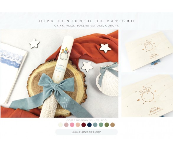 CJ39 CONJUNTO COMPLETO - O Principezinho OP3 - caixa, vela, toalha renda, concha