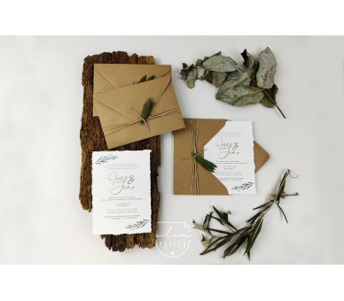Convite + envelope com laço em cordel e folhas de oliveira - casamento, bodas, batismo, aniversário