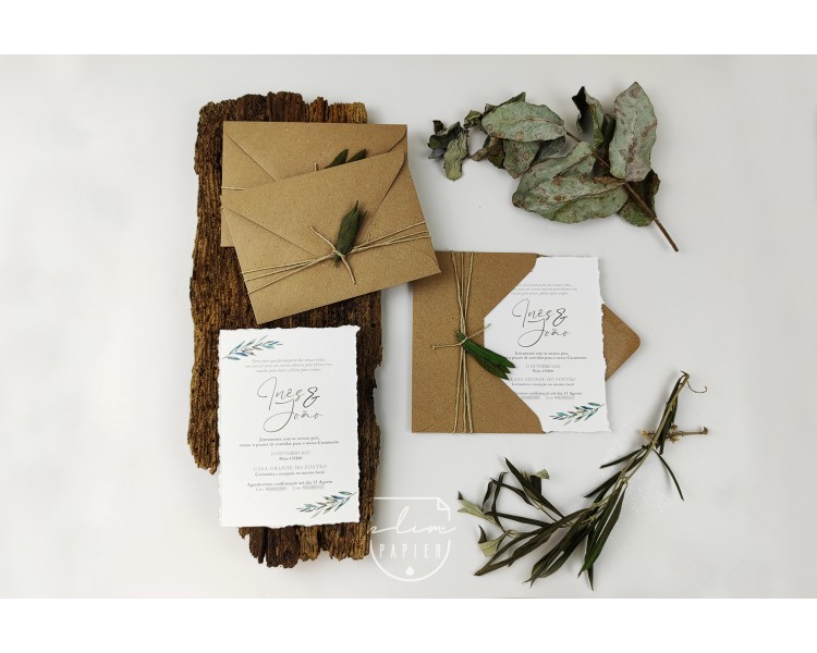 Convite + envelope com laço em cordel e folhas de oliveira - casamento, bodas, batismo, aniversário