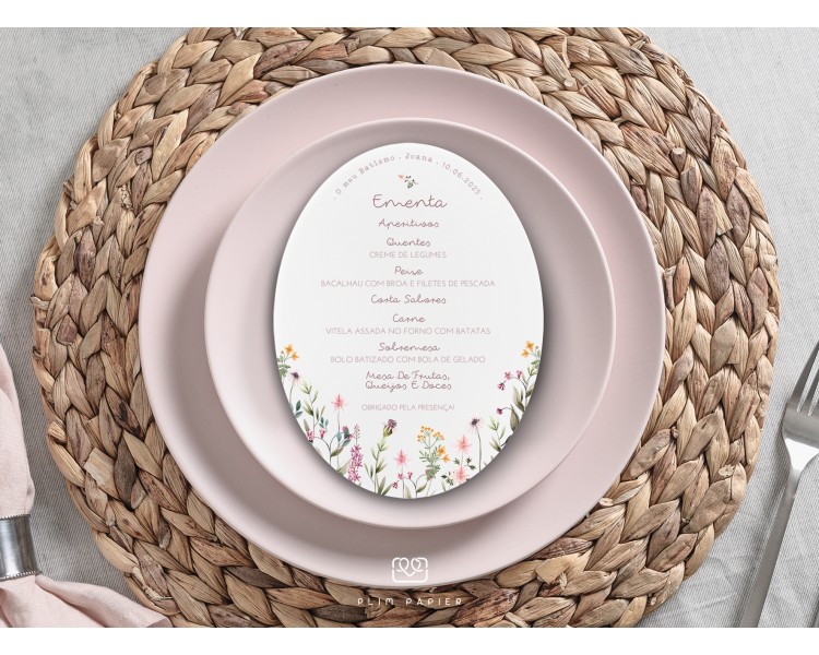 Ementa Oval Dália - tema floral delicado