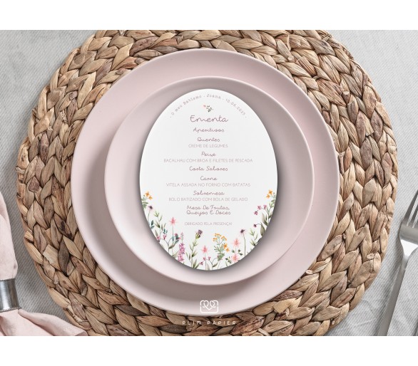 Ementa Oval Dália - tema floral delicado